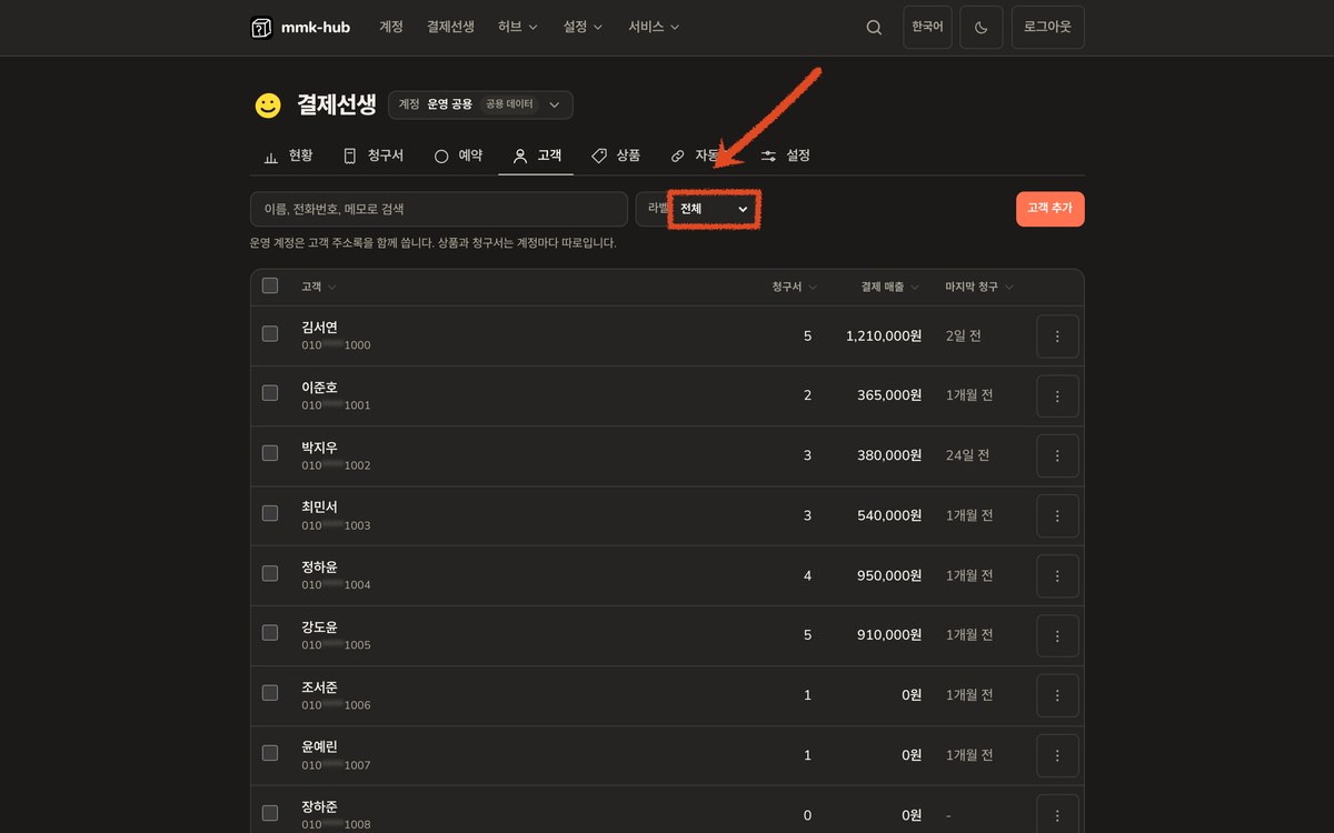 결제선생 고객 화면의 라벨 기능. 중등부, 장학생처럼 묶어서 골라 볼 수 있습니다