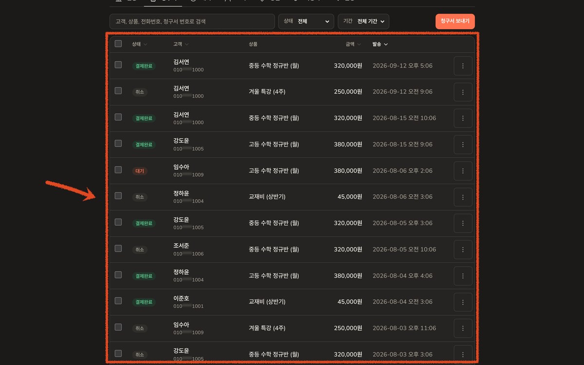 결제선생 청구서 목록. 결제완료, 대기, 취소가 상태로 구분돼 쌓입니다