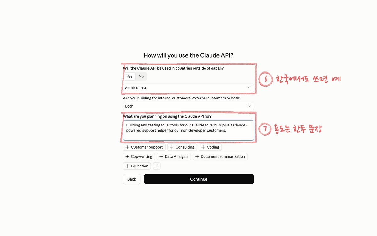 How will you use the Claude API 질문 화면. 나라 질문에 6번, 용도 칸에 7번 표시