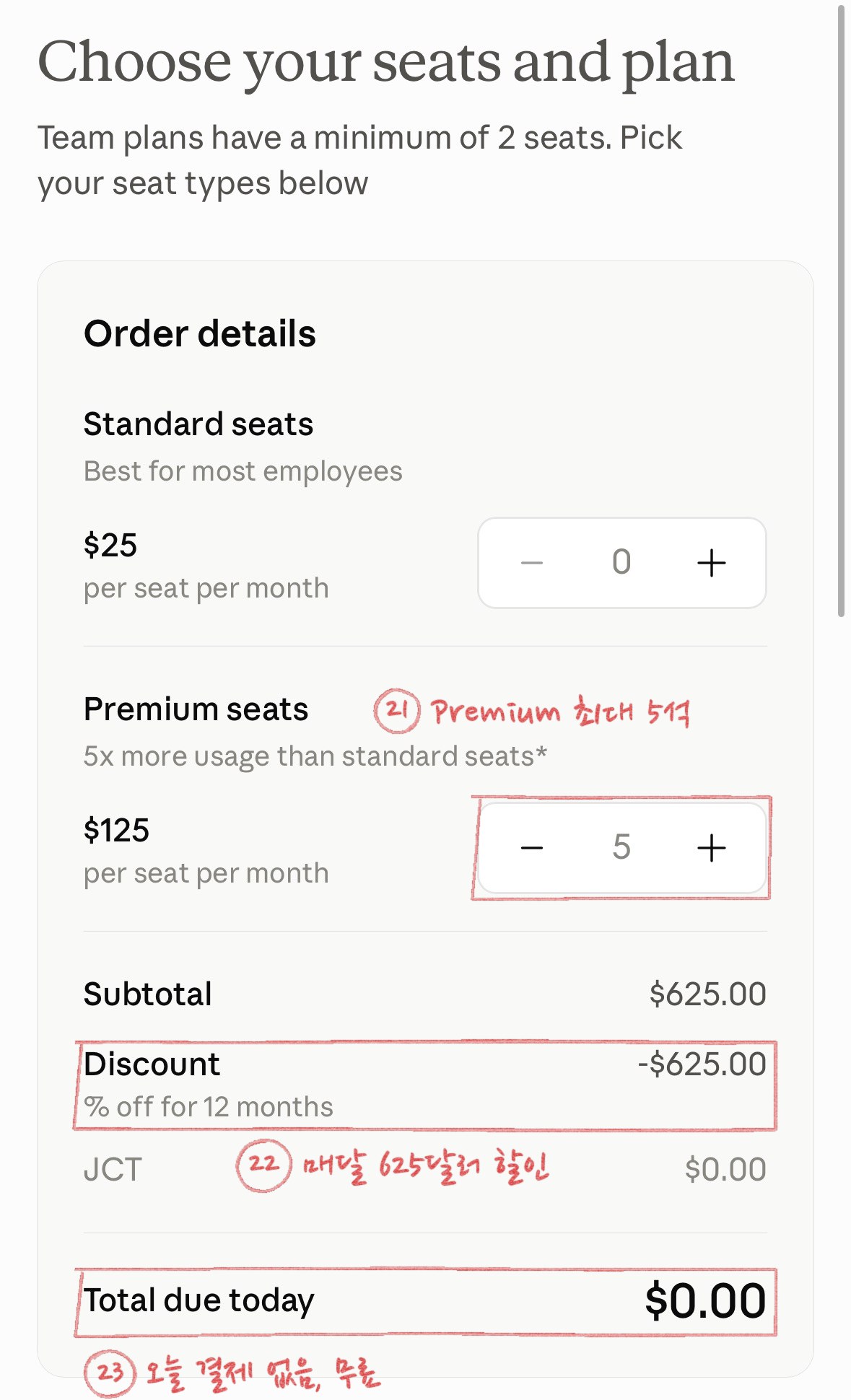 휴대폰 Team 결제 화면(Premium 5석). Premium 5에 21번, Discount -$625.00에 22번, Total due today $0.00에 23번 표시